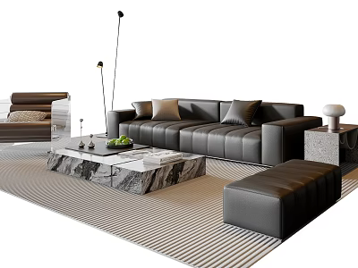 Modern Leather Sofa Coffee Table Set With Marble Top Pillows And Ottoman Rug 3d model