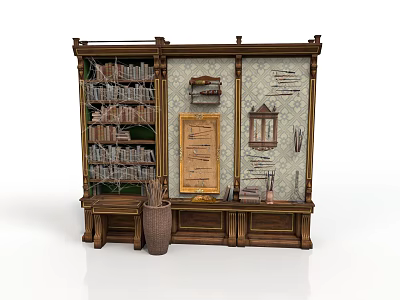 Vintage Wooden Bookcase Storage Unit With Multiple Shelves Drawers And Decorative Display Elements 3d model