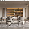 Modern Restaurant Interior Design With Dining Table Chairs Wooden Shelves And Plants