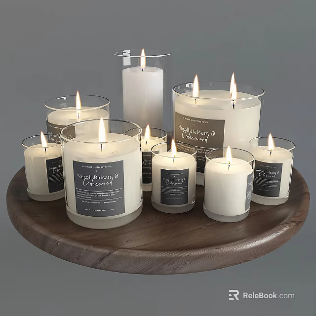 Wall Decor Featuring Lit Candles in Glass Jars on Wooden Tray with Labels 3d model 