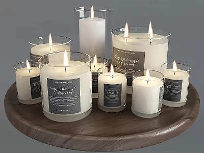 Wall Decor Featuring Lit Candles in Glass Jars on Wooden Tray with Labels 3d model