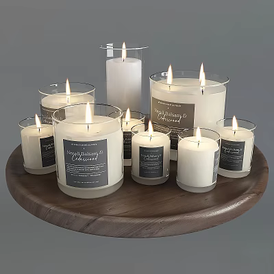 Wall Decor Featuring Lit Candles in Glass Jars on Wooden Tray with Labels 3d model