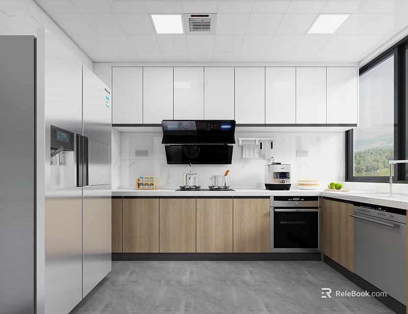 Modern Kitchen Interior With White Upper And Wooden Lower Cabinets And Stainless Steel Appliances 3d model 