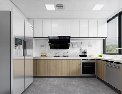 Modern Kitchen Interior With White Upper And Wooden Lower Cabinets And Stainless Steel Appliances 3d model