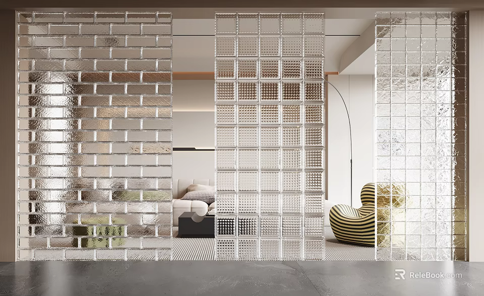 Modern Interior Room Divider With Transparent Glass Blocks And Grid Design Structure 3d model