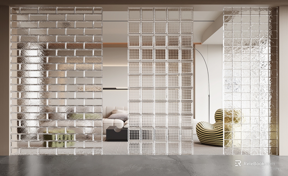 Modern Interior Room Divider With Transparent Glass Blocks And Grid Design Structure 3d model 