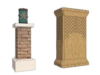 Decorative Columns with Brick Base Blue Ornament and Beige Carved Texture Design 3d model