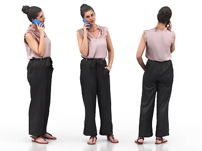 Woman Talking on Blue Phone in Pink Sleeveless Top and Black Pants Three Quarter Views 3d model