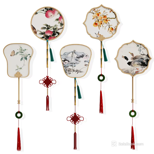 Chinese Style Fan Shaped Hanging Decorations With Flower Bird Patterns Tassels And Chinese Knots 3d model 