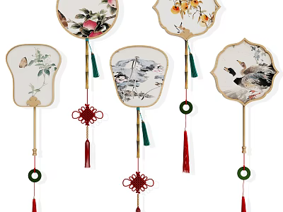 Chinese Style Fan Shaped Hanging Decorations With Flower Bird Patterns Tassels And Chinese Knots 3d model