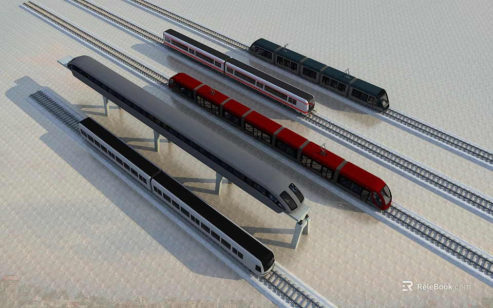 Modern Metro Trains On Multiple Railway Tracks With Different Color Designs 3d model 