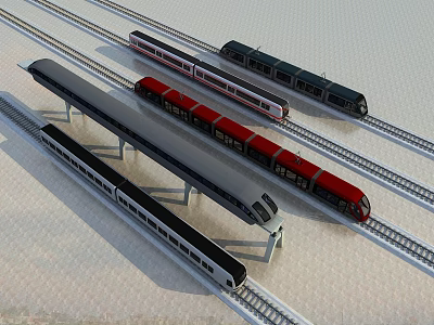 Modern Metro Trains On Multiple Railway Tracks With Different Color Designs 3d model