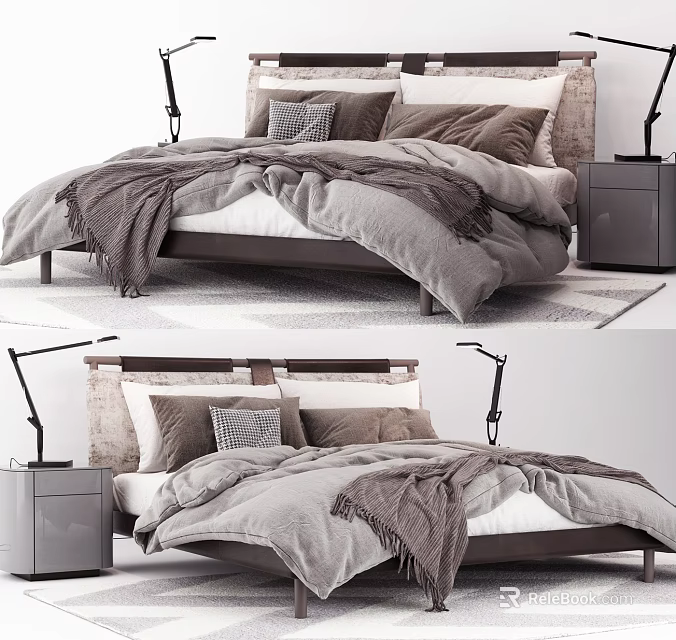 Double Bed with Gray Bedding Decorative Pillows Nightstand and Table Lamp in Modern Bedroom 3d model 