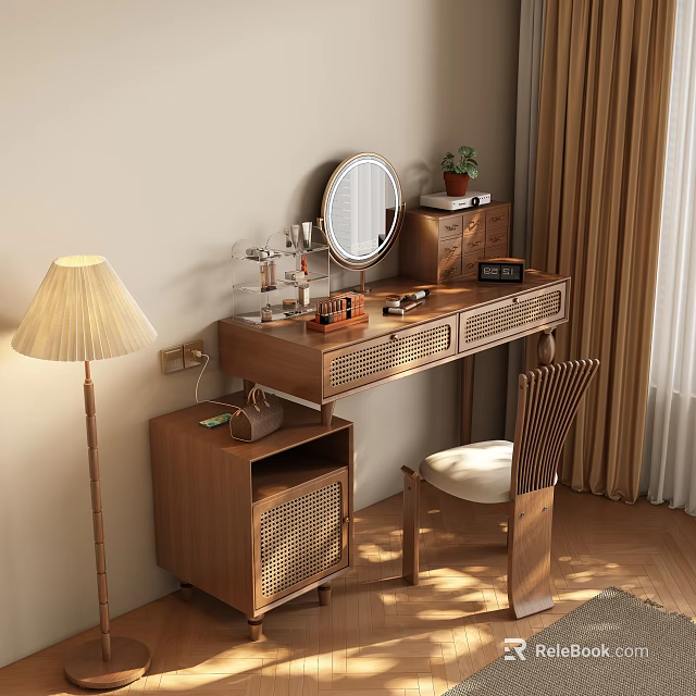 Natural Wooden Vanity Table With Round Mirror Rattan Details Lamp Chair And Potted Plant 3d model 