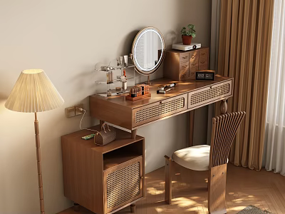 Natural Wooden Vanity Table With Round Mirror Rattan Details Lamp Chair And Potted Plant 3d model