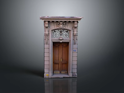 Classic Wooden Entrance Door With Carved Details And Stone Frame Design 3d model