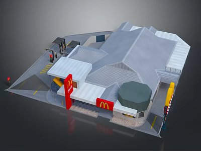 McDonald's Restaurant Building Modern Exterior Design With Red Yellow Logo Sloped Roof And Entrance Area 3d model