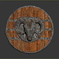Circular Wooden Shield with Ram Head Decoration Metal Strips and Wood Grain