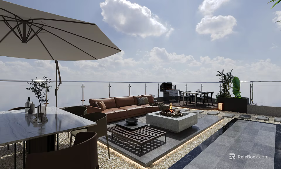 Elegant Roof Garden With Outdoor Sofa Fire Pit Dining Table Umbrella And Scenic Sky View 3d model 