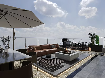 Elegant Roof Garden With Outdoor Sofa Fire Pit Dining Table Umbrella And Scenic Sky View 3d model