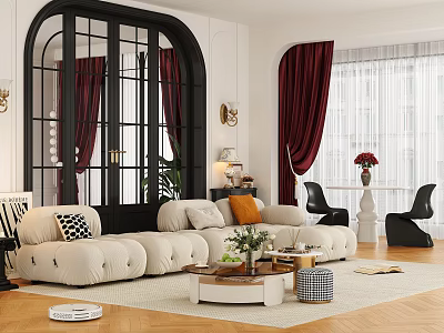 Modern Living Room Interior Design With Beige Sofa Red Curtains And Coffee Table Decor 3d model