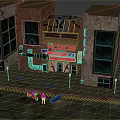 Cartoon Urban Street Scene With Red Brick Buildings Shop Signs And Road Markings