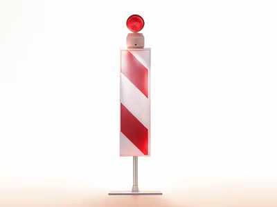 Red And White Striped Traffic Bollard With Red Warning Light On Top 3d model