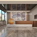 Modern Hotel Lobby Interior With Marble Floor Hanging Pendant Lights Front Desk And Decorative Paintings