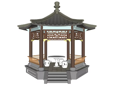 Traditional Chinese Pavilion With Wooden Carved Structure And Hexagonal Base Stone Table Benches And Steps 3d model