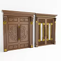 Classic Wooden Double Doors Featuring Carved Patterns Glass Panels And Gold Accents