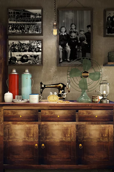Vintage Wooden Entryway Cabinet With Old Photos Sewing Machine And Vintage Fan 3d model Vintage Wooden Entryway Cabinet With Old Photos Sewing Machine And Vintage Fan 3d model