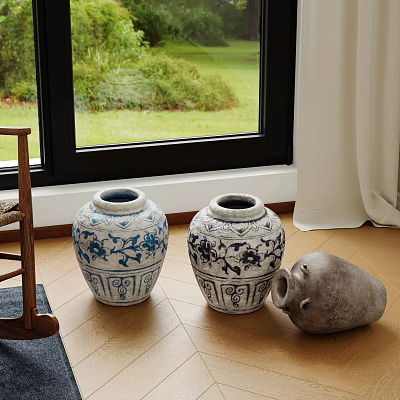 Traditional Blue And White Patterned Ceramic Jars With Gray Vessel On Wooden Floor By Window 3d model
