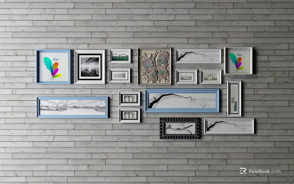 Framed Landscape Paintings On Gray Brick Wall With Multiple Art Frames 3d model 