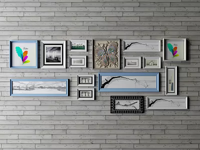 Framed Landscape Paintings On Gray Brick Wall With Multiple Art Frames 3d model