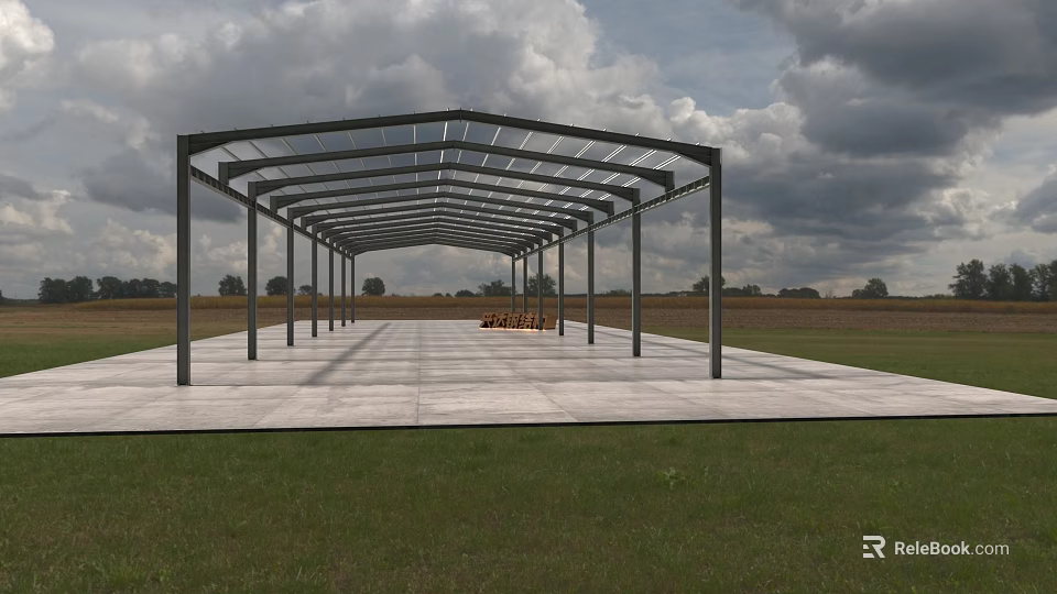 Outdoor Public Shelter With Metal Frame Glass Roof Spacious Slab Floor In Grassland Field 3d model 