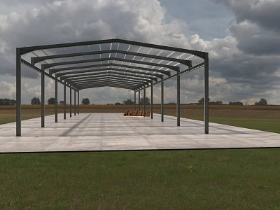 Outdoor Public Shelter With Metal Frame Glass Roof Spacious Slab Floor In Grassland Field 3d model