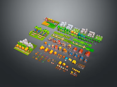 Creative Colorful Block Landscape With Green Trees Yellow Flowers White Buildings And Orange Details 3d model
