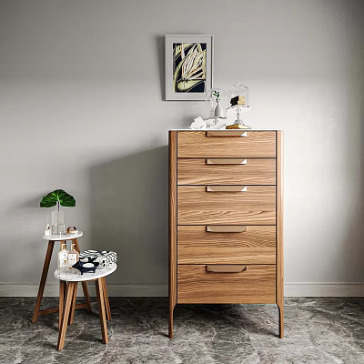 Modern Wooden Chest of Drawers with Natural Wood Tone Side Stool and Green Plant Decor 3d model