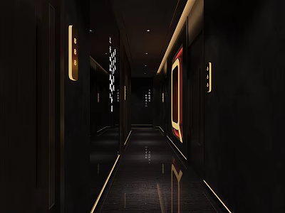 Modern Elevator Hallway Dark Interior With Linear Lighting Reflective Floor And Decorative Accents 3d model