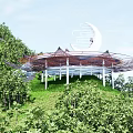 Scenic Observation Deck With Blue Reflective Surface People Taking Photos And Moon Cloud Sculpture