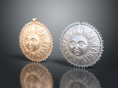Two Sun Face Badges Gold And Silver With Radiant Edges And Reflective Surface 3d model