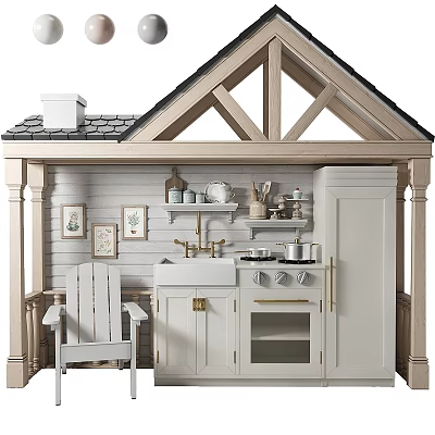 Rustic Kitchen Interior With White Cabinets Wooden Roof And Wall Art 3d model
