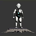 Game Movie Robot Character With White Black Body Blue Circular Accents And Purple Radial Platform