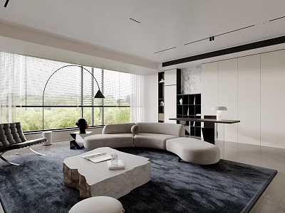 Modern Living Room Interior With Large Windows Gray Sofa Stone Coffee Table And Floor Lamp 3d model