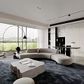 Modern Living Room Interior With Large Windows Gray Sofa Stone Coffee Table And Floor Lamp