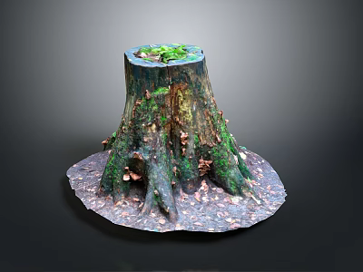 Natural Wooden Tree Stump With Green Moss Mushrooms And Fallen Leaves 3d model