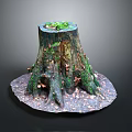 Natural Wooden Tree Stump With Green Moss Mushrooms And Fallen Leaves