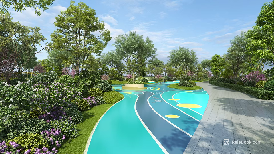 Vibrant Garden Landscape With Turquoise Blue Pathway Yellow Dots Green Trees And Purple Flowers 3d model 