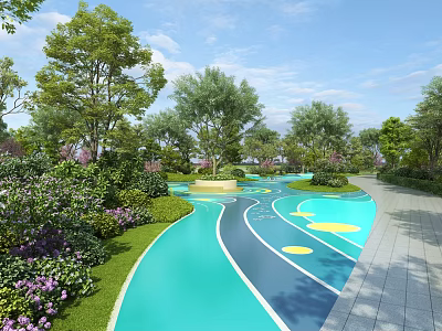 Vibrant Garden Landscape With Turquoise Blue Pathway Yellow Dots Green Trees And Purple Flowers 3d model