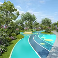 Vibrant Garden Landscape With Turquoise Blue Pathway Yellow Dots Green Trees And Purple Flowers